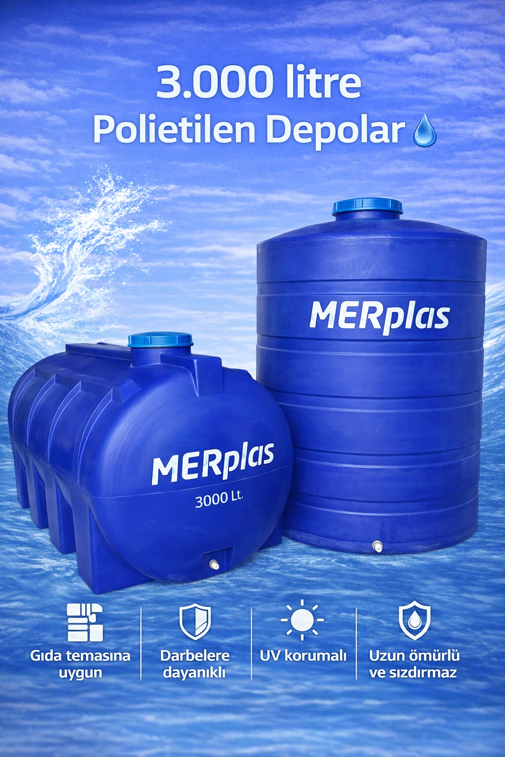 3000 LT Yatay HDPE Plastik Su Deposu