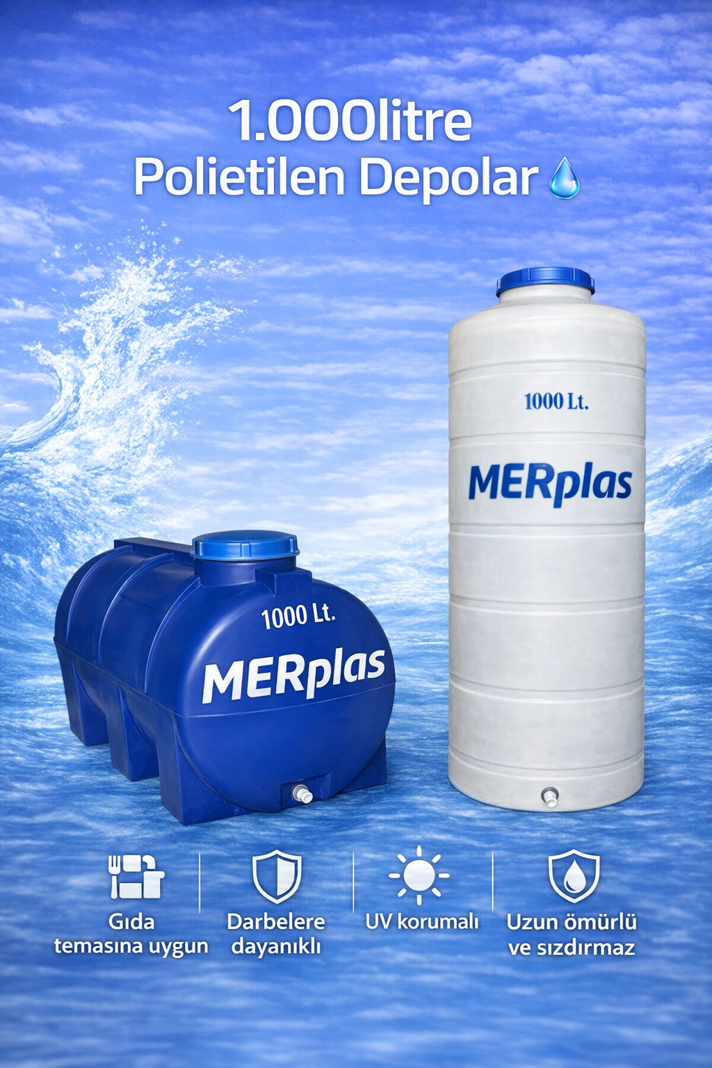 1000 LT Dikey HDPE Plastik Su Deposu