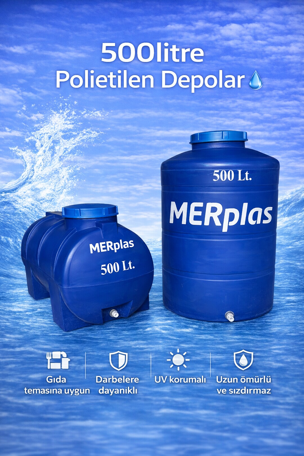 500 LT Dikey HDPE Plastik Su Deposu