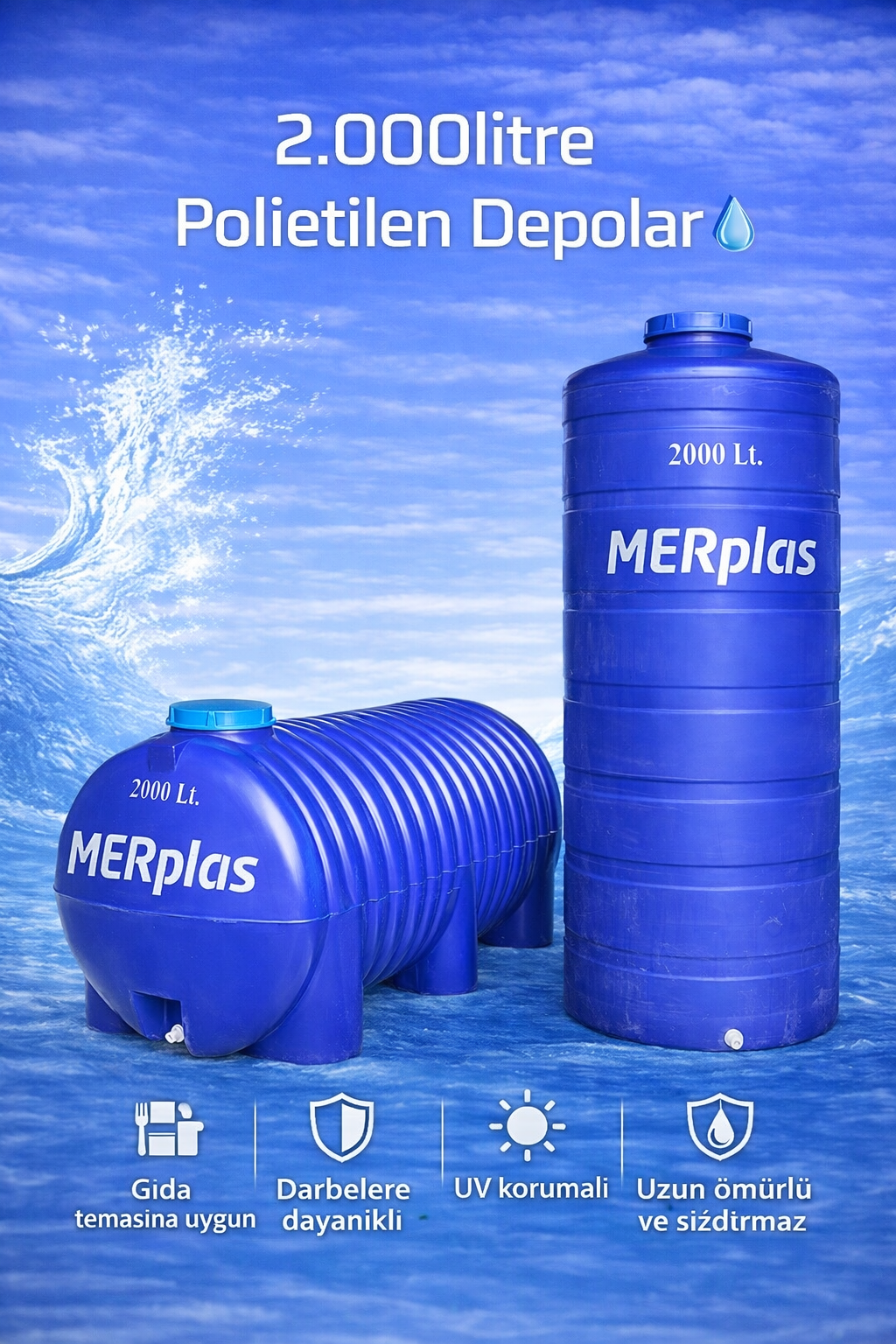 2000 LT Yatay HDPE Plastik Su Deposu